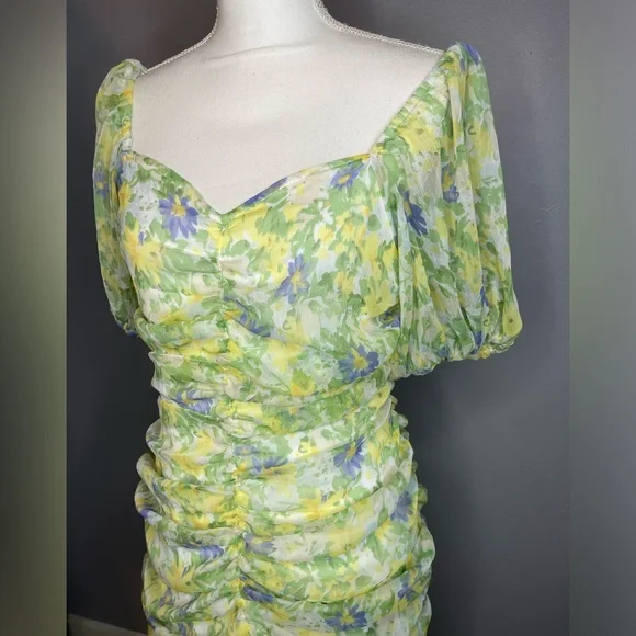 ASOS ruched puff sleeve maxi dress white base yellow blue floral print - Picture 8 of 15